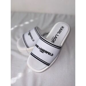 Karl Lagerfeld Paris White Black Logo Striped Platform Slide Sandals 10 new